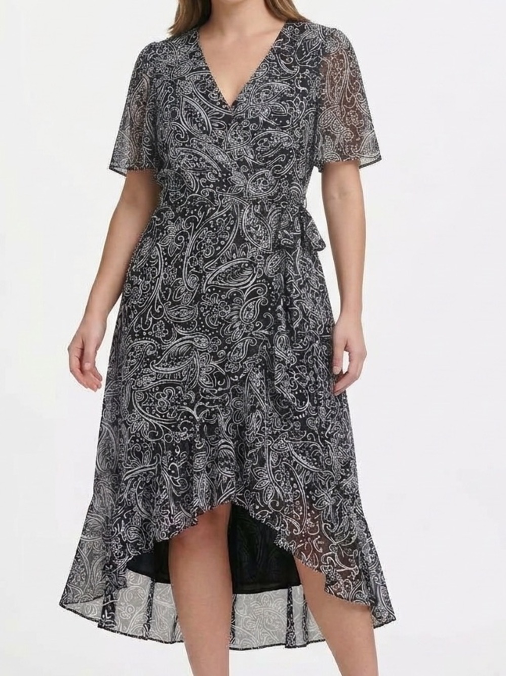 Calvin Klein Black & White Paisley Faux Wrap High-Low Dress Womens Size 4